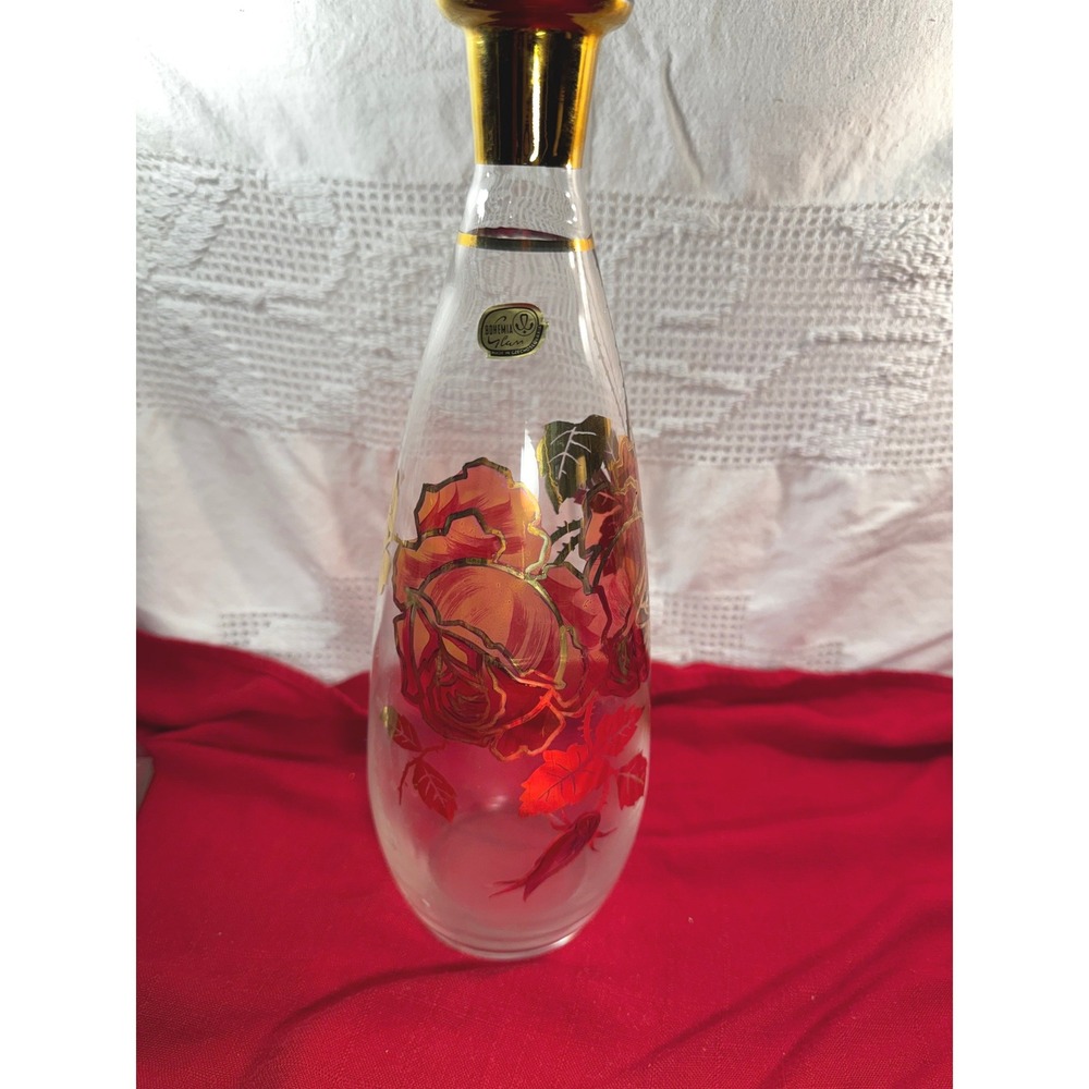 Bohemia Glass Red Rose Gold Gilt Vase Vintage Czechoslovakia Frosted Art Glass